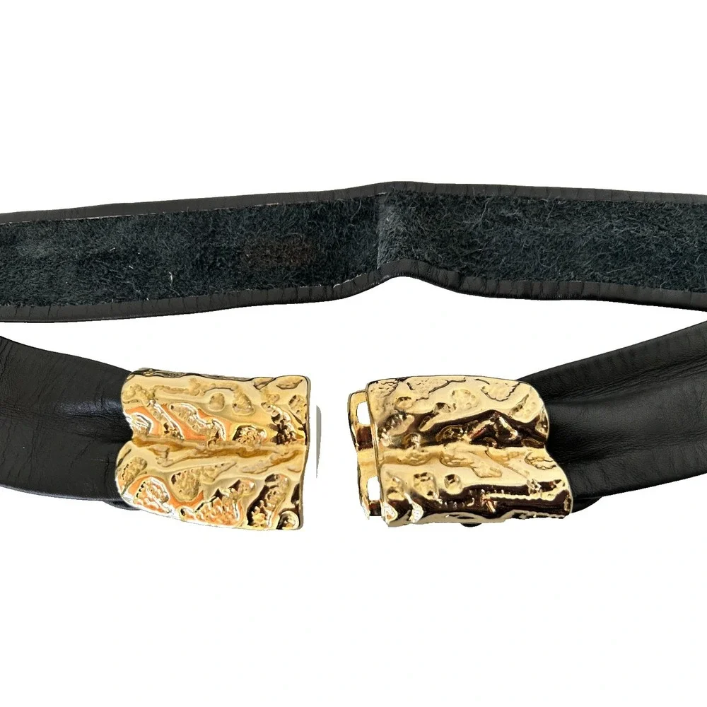 Vintage 90s REVCOR Modernist Textured Gold Clasp Black Leather Waist Belt Large